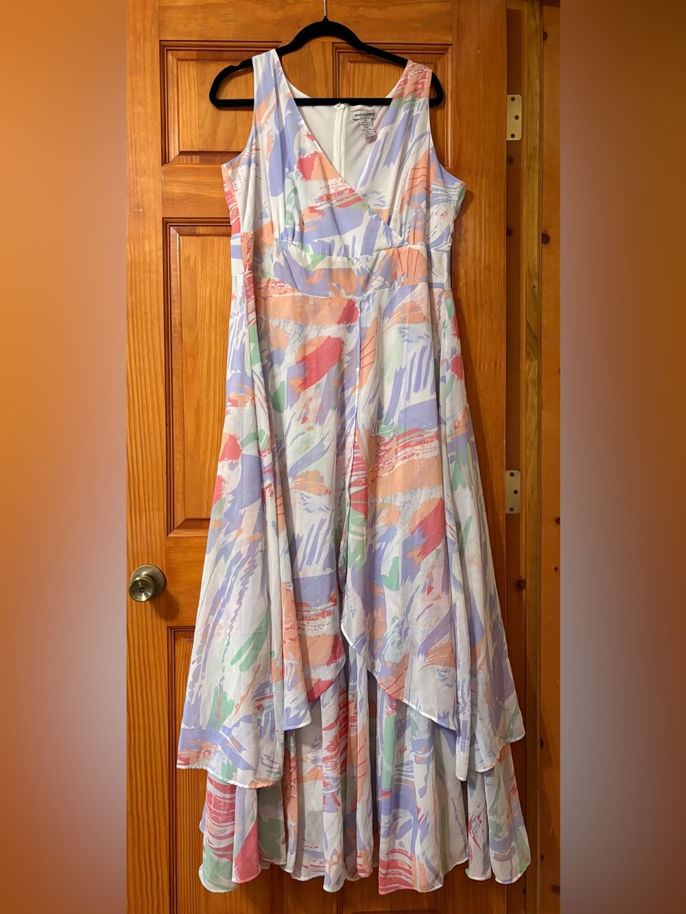 Vintage Jessica London Plum Blue Pastel Watercolor Print Maxi Dress, Size 16